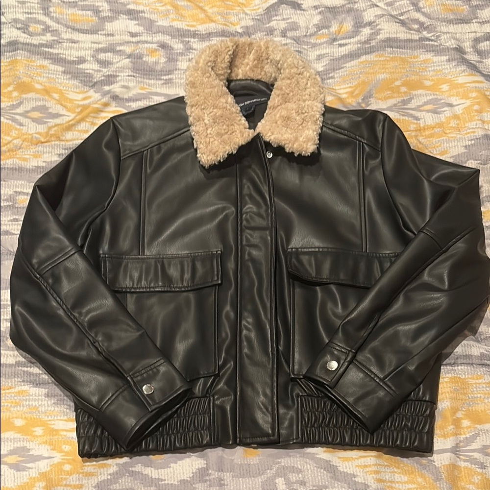 French Connection Faux Leather Bomber Jacket with Shearling Collar